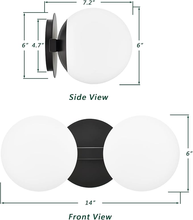 Black Bathroom Vanity Light Fixtures, Modern 2 Lights Globe Wall Sconce Lighting, Porch Wall Mount Light Fixture for Bathroom, Mirror Cabinets Hallway Stairs (Matte Black, 2-Light)