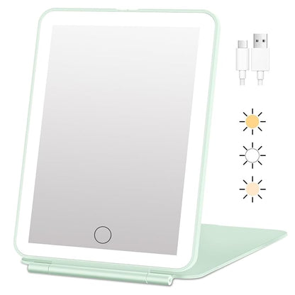 FUNTOUCH Rechargeable Travel Makeup Mirror with Lights, Portable 72 Led Lighted Makeup Mirror, 3 Color Lighting, Dimmable Touch Screen, Type C, Tabletop LED Folding Cosmetic Vanity Mirror