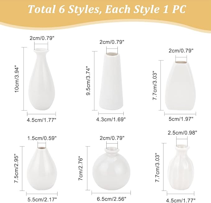 NBEADS 6 Pcs Mini Ceramic Flower Vase, 6 Styles Rustic Decor Vase Modern Farmhouse Decor White Plain Small Vases for Flowers Small Plants Floral Dining Room Shelf Decor, 1.7~2.6x2.8~3.9"