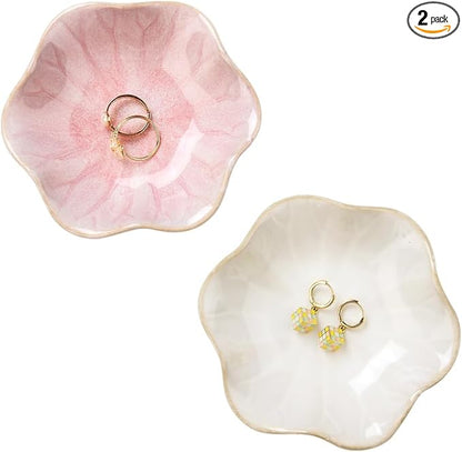 2PCS Lotus Leaf Shape Ring Holder Dish, Small Key Bowl, Ceramic Trinket Tray Jewelry Dish Organizing Necklace Earrings for Mom Friend Sister, All Jewelries Are NOT Included. White +Pink.…