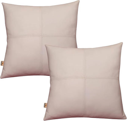 Lambskin Leather Pillow Cover, Hand Panel Stitched Leather Decorative Throw Pillow Covers for Couch Sofa Bed Living Room Garden (20x20 Inches, White Pack of 2)