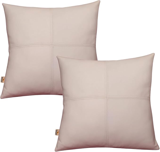Lambskin Leather Pillow Cover, Hand Panel Stitched Leather Decorative Throw Pillow Covers for Couch Sofa Bed Living Room Garden (18x18 Inches, White Pack of 2)