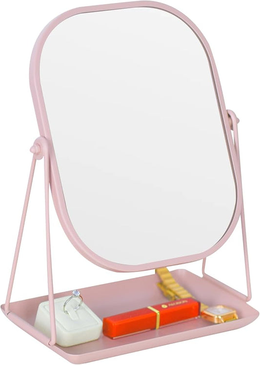 Rotating Metal Makeup Mirror with Storage, Vanity Mirror for Desk, Bathroom, Bedroom, Dressing Table (Pink)