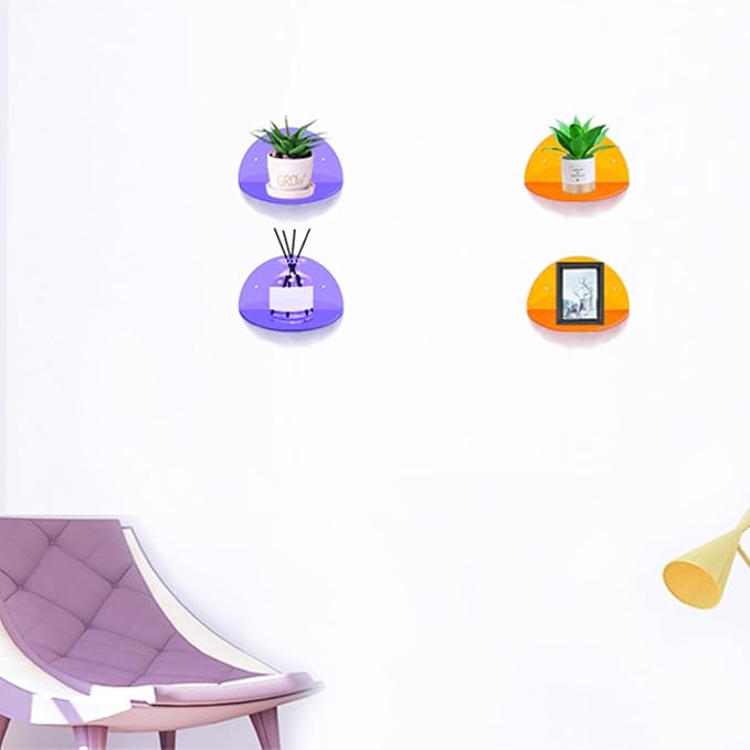 ROYALITA Small Acrylic Shelves Room Decor Floating Shelves (2-Pack, 8-inch Diameter) - Wall Mounted Display Stand for Plants, Toys, Makeup, and More - Ideal for Home and Office, Purple