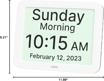 Robin Clock with Day and Date for Elderly, Clocks for Seniors, Dementia Clock, Digital Calendar Clock Elderly Bedside Clocks Seniors Alzheimers Products Dementia Clocks Seniors Extra Large, White 12"