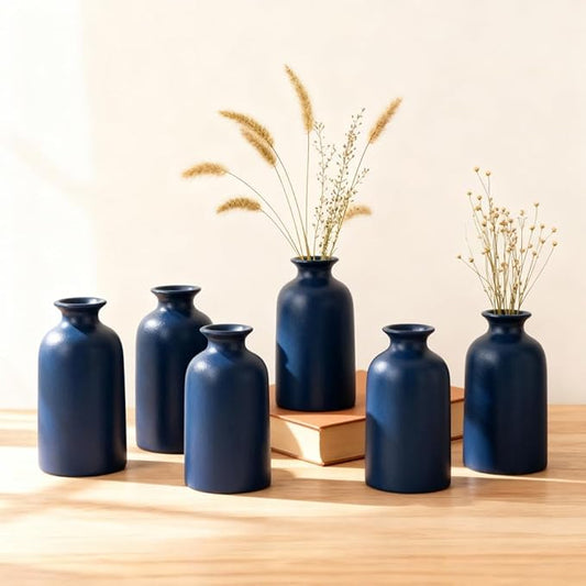Blue Ceramic Bud Vases Set of 6 – 5 in Small Vases for Dried Flowers or House Plants, Modern Boho Decorative Vases for Wedding, Home, Table Centerpieces, Mantel or Office Decor