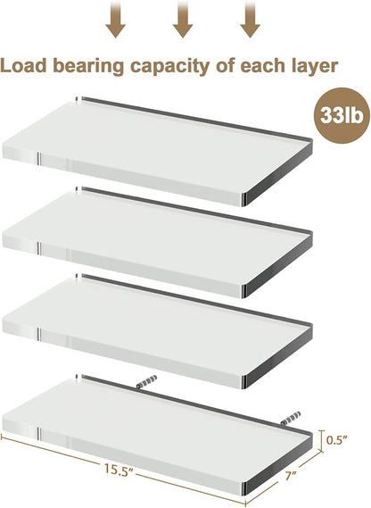 4 Tier Acrylic Floating Shelves for Wall 15.5 Inch Clear Invisible Storage Set Wall Mounted Organizer for Bathroom Kitchen Living Room Bedroom Holds 15lbs