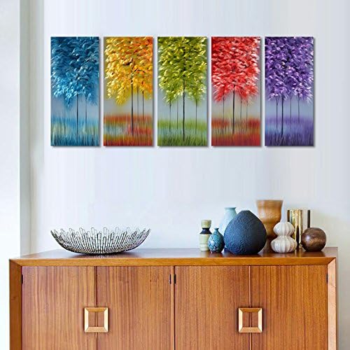 MyArton Handmade Metal Wall Art with Bog Life Multi-Colored Tree, 3D Abstract Design Artwork for Modern and Contemporary Decor, Indoor Outdoor Wall Decorations, 5-Panels Metal Art Measure 24"x 64"