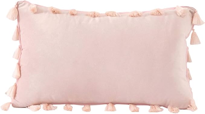 vctops Velvet Soft Solid Decorative Throw Pillow Cover with Tassels Boho Accent Cushion Case for Couch Bedroom Car Pink 12''x20''