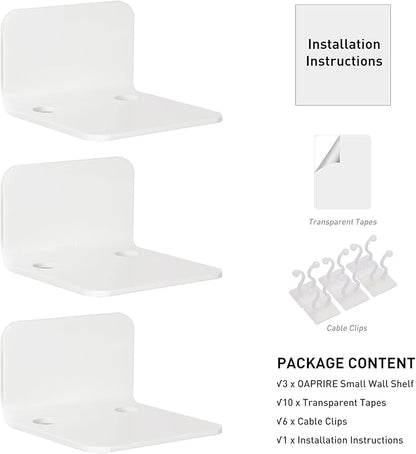 OAPRIRE White Floating Wall Shelves Set of 3 for Security Cameras, Baby Monitors, Speakers & More - Universal Acrylic Small Wall Shelf with Cable Clips, 10-Piece Strong Tapes, No Drill
