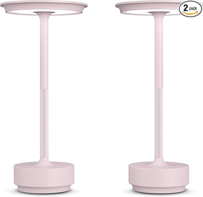 2 Pack Rechargeable Cordless Table Lamps, Portable 5000mAh LED Table Light, 3 Color Stepless Dimming Battery Powered Metal Table Lamp for Outdoo/Restaurant/Home/Patio.(Light Pink)