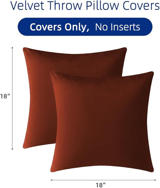 QUORGVES Rust Velvet Pillow Covers 18x18 Inch Set of 2, Soft Solid Decorative Square Throw Pillow Covers, Decor Cushion Covers for Bed Sofa Couch Bedroom Living Room