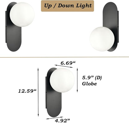 HOLKIRT Black Wall Light Fixture Mid Century Globe Wall Sconce with White Opal Glass for Living Room Bedroom Bathroom Entryway