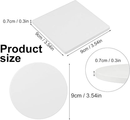 GNIEMCKIN 50 Pieces 3.54 Inch Round and Square Blank Ceramic Coasters, Unglazed Ceramic Tiles Coasters with Cork Backing Pads for Painting, DIY Crafts, White.