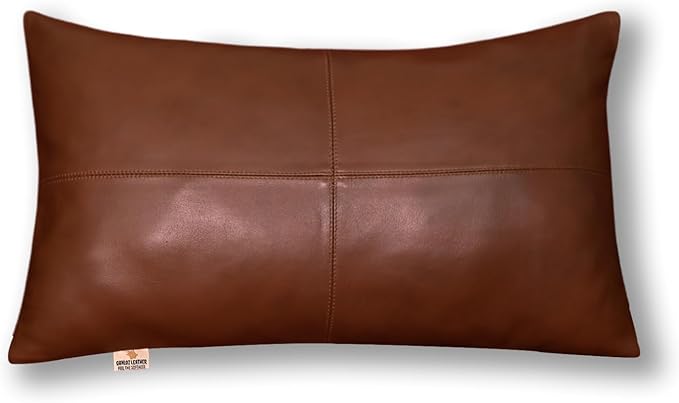 100% Lambskin Leather Pillow Cover - Sofa Cushion Case - Decorative Throw Covers for Living Room & Bedroom, 12x20 Inch - Dark Tan Plain Pack of 2
