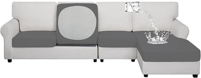 Easy-Going 100% Waterproof 4 Pieces Couch Cushion Covers for Sectional Sofa Left/Right L Shape Chaise Lounge Sofa Seat slipcover Anti-Slip Sofa Cover (3 Seater + 1 Chaise, Gray