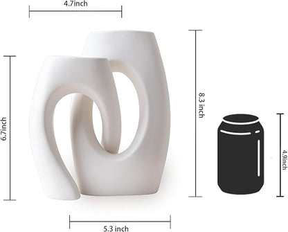 Ceramic Vase Set of 2 by DecoVlog, White Hollow Living Room Decor Vase, Minimalist Decorative Modern Boho Vase for Table Centerpiece Wedding Dining Living Room Office House Decoration