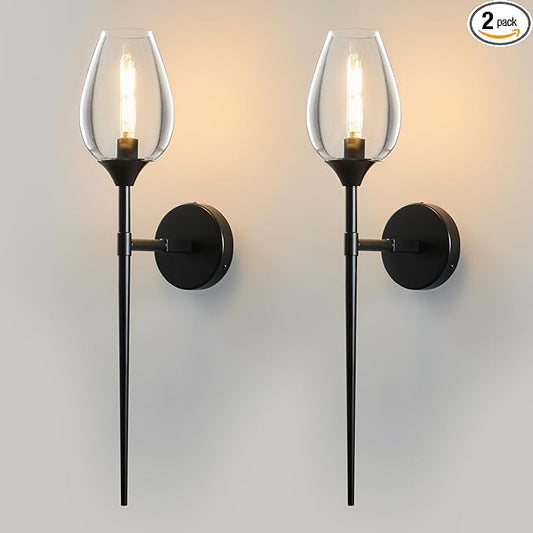 Black Glass Wall Sconce Light: Modern Decorative Sconces Lights over Mirror - Brushed Brass Bathroom Vanity Lighting with Flower Shade Set of 2 - Indoor Glass Wall Mount Lamp for Bedroom Living Room