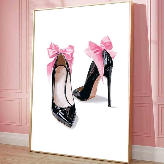 High Heel Canvas Wall Art Pink Heels Picture Pink Bow Picture High Heels Shoe Posters Preppy Vintage Shoes Paintings Girly Trendy Artwork Aesthetic Poster Trendy Pictures Room Decor 16x24inch No Frame
