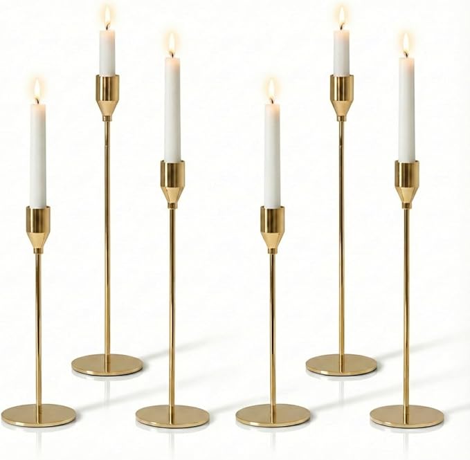 Solid Taper Candle Holders Set of 6, Champagne Gold Long Skinny Candlestick (Heights: 9/11/13 Inch), Heavy Iron Anti-Slip Base for Fireplace Mantle Table Centerpiece Christmas Decor
