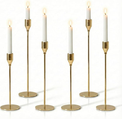 Solid Taper Candle Holders Set of 6, Champagne Gold Long Skinny Candlestick (Heights: 9/11/13 Inch), Heavy Iron Anti-Slip Base for Fireplace Mantle Table Centerpiece Christmas Decor