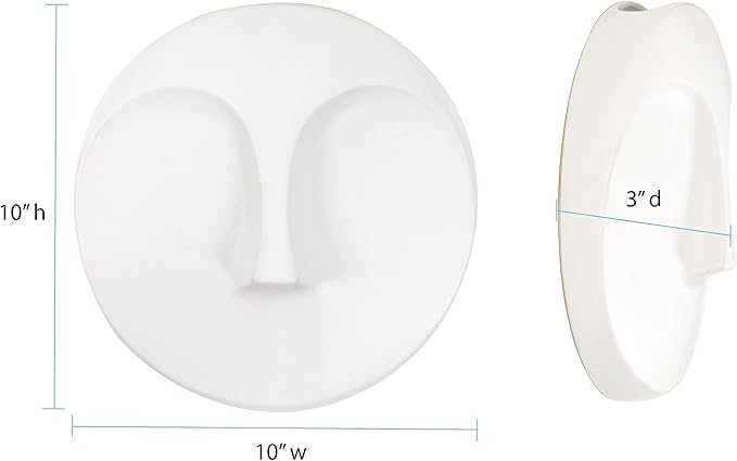 Howard Elliott Ceramic Round Decorative Face Hanging Wall Decor Sculpture, White Matte Glazed Finish Wall Vase Decor for Living Room, Bedroom, Hallway & Entryway, 10 x 10 Inch