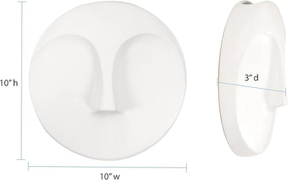 Howard Elliott Ceramic Round Decorative Face Hanging Wall Decor Sculpture, White Matte Glazed Finish Wall Vase Decor for Living Room, Bedroom, Hallway & Entryway, 10 x 10 Inch
