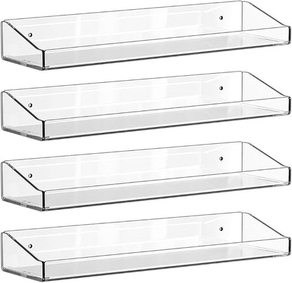 4 Pcs Acrylic Floating Shelves, 15" Wall Mounted Bookshelves Farmhouse Shelves for Display Book Photo Figures Plants, Display Shelf Organizer for Bedroom Living Kitchen Room Storage