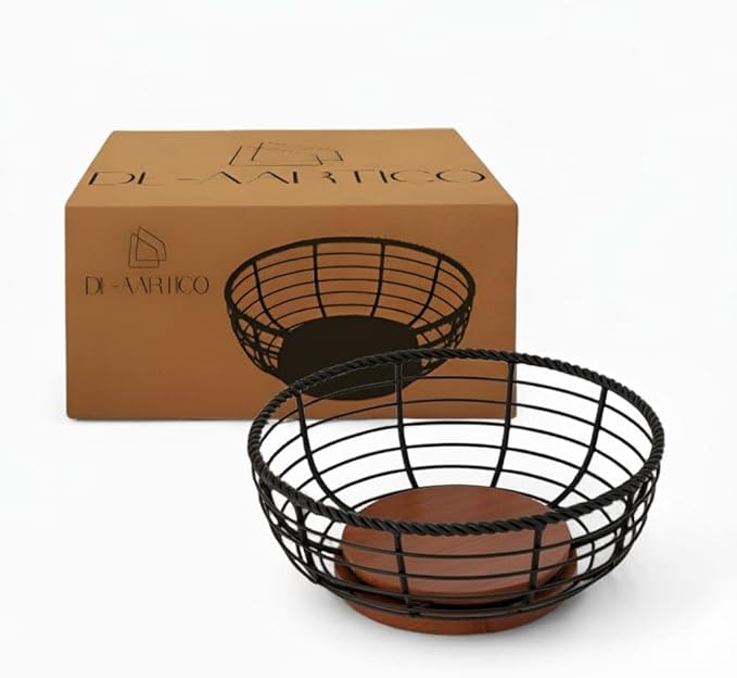 Wood and Iron Fruit Bowls Dishwasher Safe Basket Gift for Home Kitchen, Medium, Natural - 12"x12"x 5" INCHES