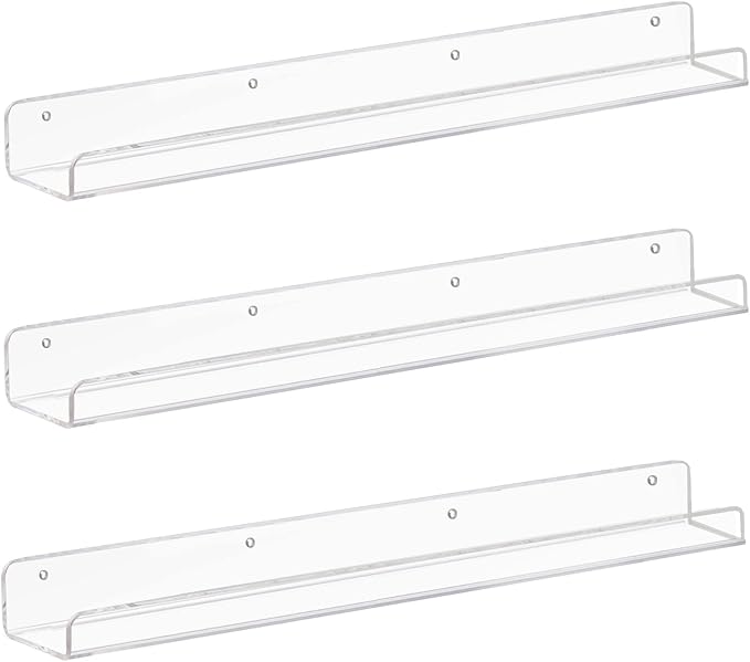 Weiai Clear Acrylic Floating Shelves 24 inches, Wall Bookshelf for Kids, Transparent Book Shelf Ledge for Wall, Set of 3