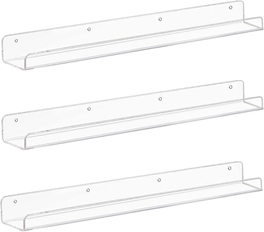 Weiai Clear Acrylic Floating Shelves 24 inches, Wall Bookshelf for Kids, Transparent Book Shelf Ledge for Wall, Set of 3
