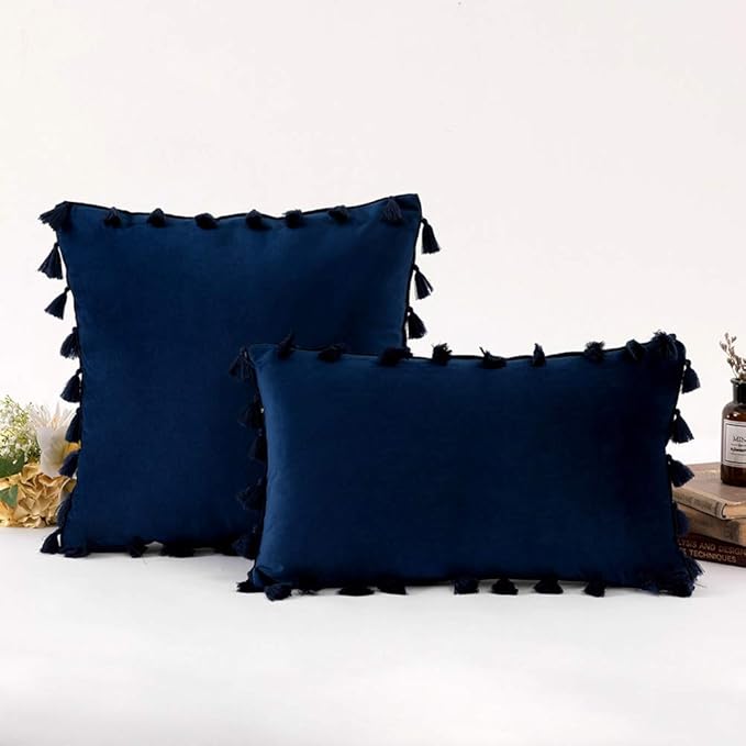 vctops Velvet Soft Solid Decorative Throw Pillow Cover with Tassels Boho Accent Cushion Case for Couch Bedroom Car Navy 20''x20''