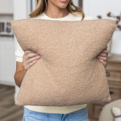 SAMIAH LUXE Brown Teddy Boucle Pillow Covers 18x18 2pcs for Home Living Room Decor, Sherpa Textured Decorative Throw Pillow Covers for Boho Decor, Square Throw Cushion Euro Shams for Modern Farmhouse