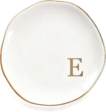 Fmeida Ceramic Jewelry Trays, Small Jewelry Tray Dish Initials Ring Dish for Women, Monogrammed Gifts for Birthday Wedding Valentines Christmas, 4.5", Rose Gold E