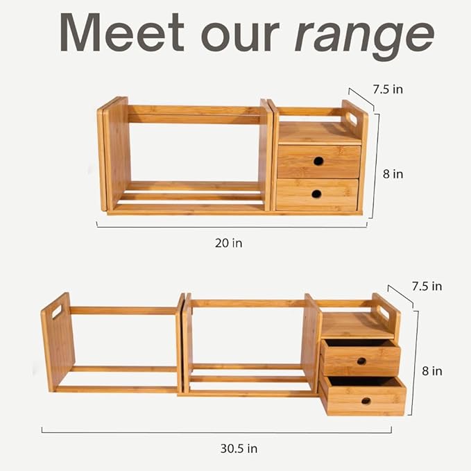 ECOHOME Desktop Bookshelf Expandable with Two Drawer Organizers Made of Bamboo, Collapsible Design & Compartments for Efficient, Clutter-Free Workspace Organization - Sleek Bookshelf