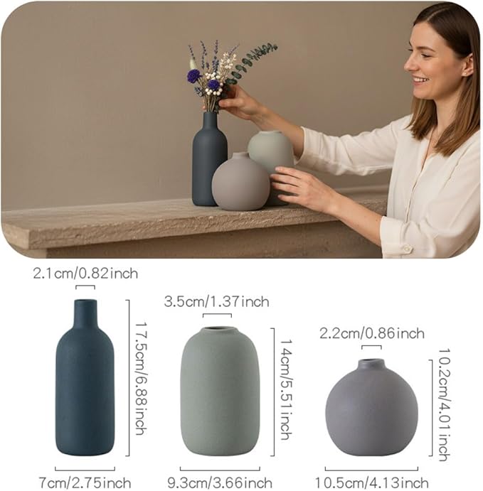 Ceramic Vase Set of 3 - Small Modern Minimalist Ceramic Bud Vases for Home Decor - Boho Aesthetic Flower Vases for Desk, Shelf & Table, Mantle, Bookshelf (Cute & Versatile) (Neutral Mix)
