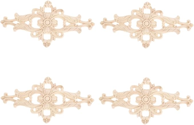 MUXSAM Wood Carved Appliques Furniture Decorative Onlays, 4Pcs Unpainted DIY Center Carving Decal for Door Wall Ceiling Cabinet Dresser Mirror Bed Mantel Bench Decoration, 27x14cm/10.63"x5.51"