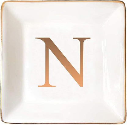 ANOTION Jewelry Tray Ring Dish with Ini-tial Gift- Personalized Trinket Dish and Jewelry Dish with Gold Initials Key Bowl Ceramic Holder, Unique Wedding or Engagement Present