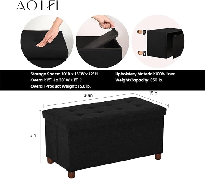 30 Inches Storage Ottoman Bench, Storage Bench with Wooden Legs for Living Room Ottoman Foot Rest Removeable Lid for Bedroom End of Bed, Linen Fabric, Folding Black Ottoman