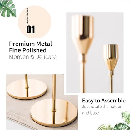 Candlestick Holders 6pcs Taper Candle Stick Holder Set, Mantel Brass Gold Candlestick Holder Set for 3/4" Taper&Led Candle, Modern Stylish Candle Decor for Wedding/Party/Dinning/Anniversary
