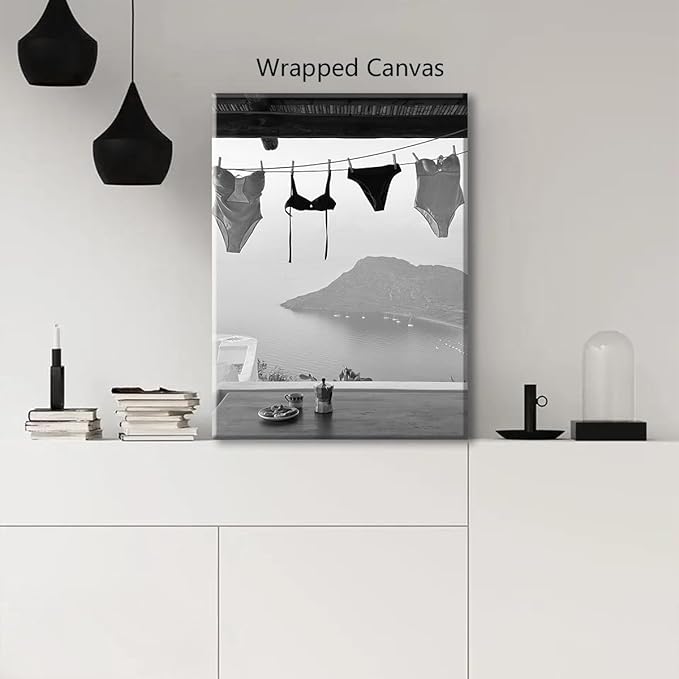 Black and White Photography Canvas Wall Art, Summer Coastal Hanging Bikini Aesthetic Poster, Vintage Trendy Beach Landscape Picture, Museum Photo Art Coastal Print for Bedroom 12x16in Wrapped Canvas