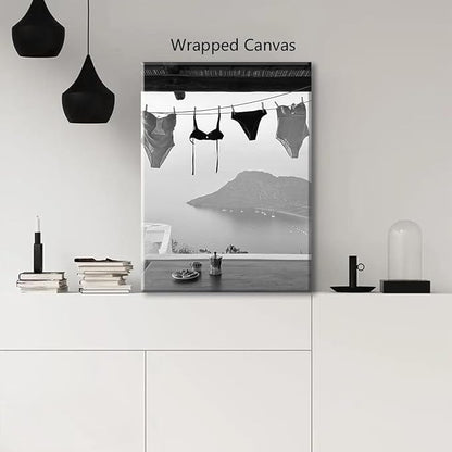 Black and White Photography Canvas Wall Art, Summer Coastal Hanging Bikini Aesthetic Poster, Vintage Trendy Beach Landscape Picture, Museum Photo Art Coastal Print for Bedroom 12x16in Wrapped Canvas