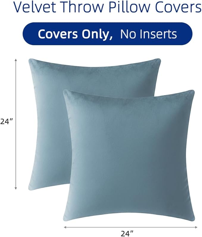 QUORGVES Light Blue Velvet Pillow Covers 24x24 Inch Set of 2, Soft Solid Decorative Square Throw Pillow Covers, Decor Cushion Covers for Bed Sofa Couch Bedroom Living Room - Coastal Sky Baby Blue