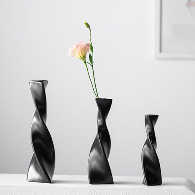 Bud Vase Small Ceramic Bud Vase Single Flower Stem Vase for Modern Home Decor for Centerpieces Twist Minimalism Style Vase Home Decorative Floral Centerpiece for Wedding and Office (Black)
