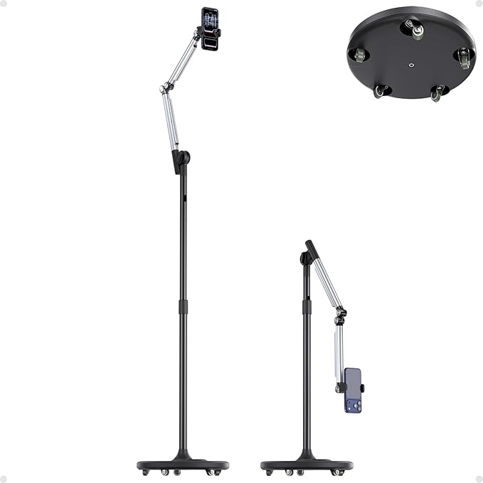 Phone Stand for Recording, Digital Heavy Duty Stand with Wheels and Weight Base, Free Rotation Aluminum Phone Mount with Adjustable Angles & Height for Content Creation, Floor Phone Stand