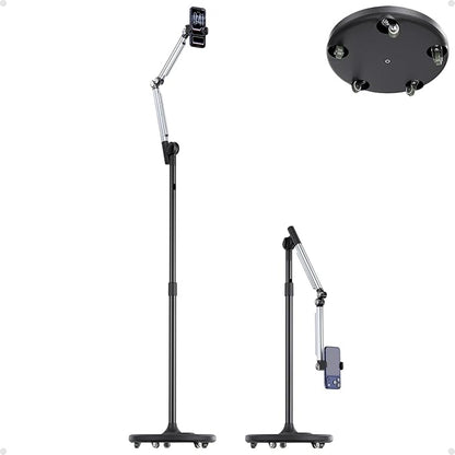 Phone Stand for Recording, Digital Heavy Duty Stand with Wheels and Weight Base, Free Rotation Aluminum Phone Mount with Adjustable Angles & Height for Content Creation, Floor Phone Stand