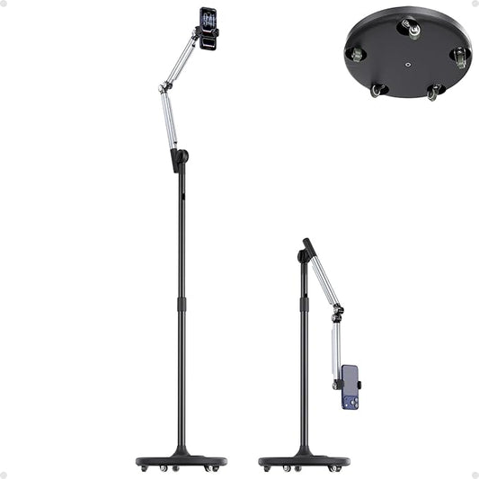 Phone Stand for Recording, Digital Heavy Duty Stand with Wheels and Weight Base, Free Rotation Aluminum Phone Mount with Adjustable Angles & Height for Content Creation, Floor Phone Stand