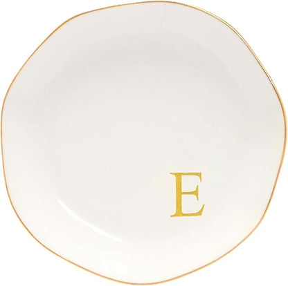 Ceramic Jewelry Tray Initial Ring Dish Personalized E-Monogrammed Engagement Wedding Gifts, for Birthday Mother's Day Christmas for Women, Ceramic White 4.75" (E)
