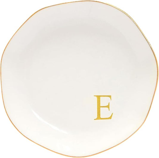 Ceramic Jewelry Tray Initial Ring Dish Personalized E-Monogrammed Engagement Wedding Gifts, for Birthday Mother's Day Christmas for Women, Ceramic White 4.75" (E)