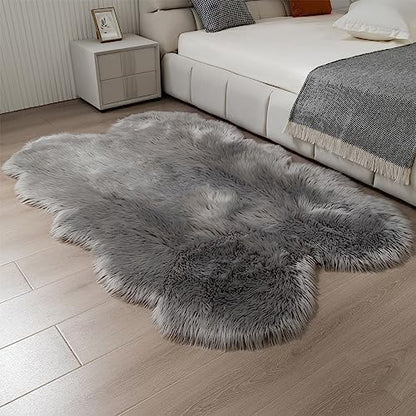 Fluffy Faux Fur Rug Grey Sheepskin Area Rug,4x6 Ft Ultra Soft Shaggy Plush Rug for Bedroom Bedside Living Room Nursery Kids Room
